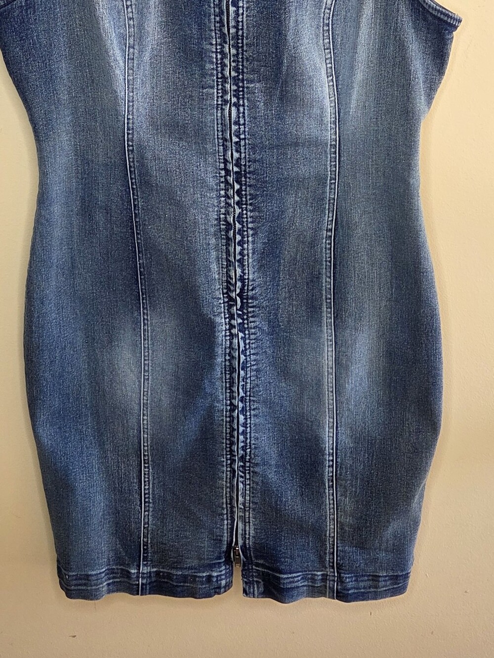 Venus Faded Denim Zip Front Bodycon Fitted Mini Dress with Stretch Size 14 Y2K - Picture 3 of 5